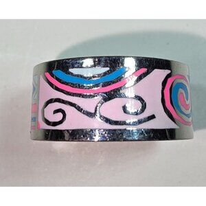 Stainless Steel Enamel Ring With Abstract Pink & Blue Size 9 artsy geometric